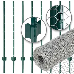VOSS.farming Gartenzaun-SET: Sechseckgeflecht 10mx100cm + 8x Metall Zaunpfosten