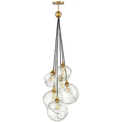 Licht-Erlebnisse Pendelleuchte REIKA Vintage Messing Antik Transparent 6x E27 LE121397