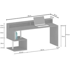 Dmora Schreibtisch Dcalebokol, Linearer Schreibtisch mit Ablagefächern und LED-Leuchten, Mehrzweck-Büroschreibtisch mit Platte, 180x60h93 cm, Schiefer