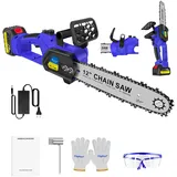 12 Zoll Akku-Kettensäge, Bürstenlose Elektro-Kettensäge mit automatischer Ölschmierung, 10m/s Kettengeschwindigkeit & 21000RPM Kupfermotor, Vibrationsdämpfung, 4000mAh Akku (1 Akku)