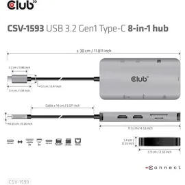 Club 3D Club3D Usb-8-In1-Hub Usb-C > 2Xhdmi/2Xusb/Usb-C/Rj45/Sd/Msd - Silber