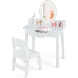 Costway 2 in 1 Kinder Schminktsich mit Hocker, Frisiertisch mit beleuchtetem Spiegel, Schublade & Schmuck-Organizer, Kosmetiktisch Prinzessin aus H... - Weiß
