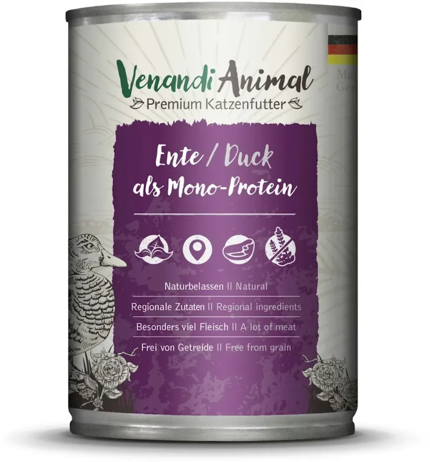 Venandi Animal Monoprotein 400g Katzennassfutter Sparpaket 12 x 400 Gramm Ente