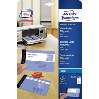 Avery Zweckform C32015-25 Premium Visitenkarten, 85 x 54 mm, beidseitig beschichtet, 200 Karten / 25 Bogen