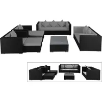 OUTFLEXX Loungemöbel-Set, schwarz, Polyrattan, für 9 Personen, inkl. Kaffeetisch, wasserfeste Kissenbox