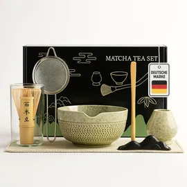 roxlin Matcha Set Tea (7-teilig) Keramik, Bambus Matcha Schneebesen, handgemachte Schale, Sieb & Zubehör - Grün