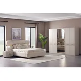 Modernes Schlafzimmer Set Creme Bouclé Komplettbett Kleiderschrank