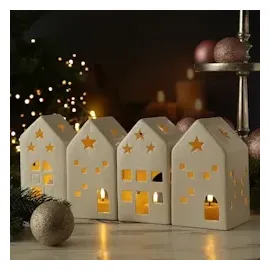 MARELIDA Teelichthalter Lichterdorf Windlicht Lichthaus weiß 4er Set