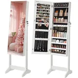 Merax SONGMICS Schmuckschrank, Spiegelschrank stehend, mit 2 separaten Make-up Organizern, rahmenloser Ganzkörperspiegel, abschließbar, für Ketten, Ohrringe, Schminke, weiß JJC002W01