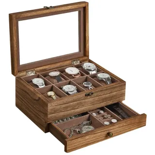 Songmics Uhrenbox mit 8 Fächern, Uhrenkasten aus Massivholz, mit Glasdeckel, Uhrenkissen, Schmuckaufbewahrung, Geschenk für Ihre Liebsten, walnussfarben JOW008K01