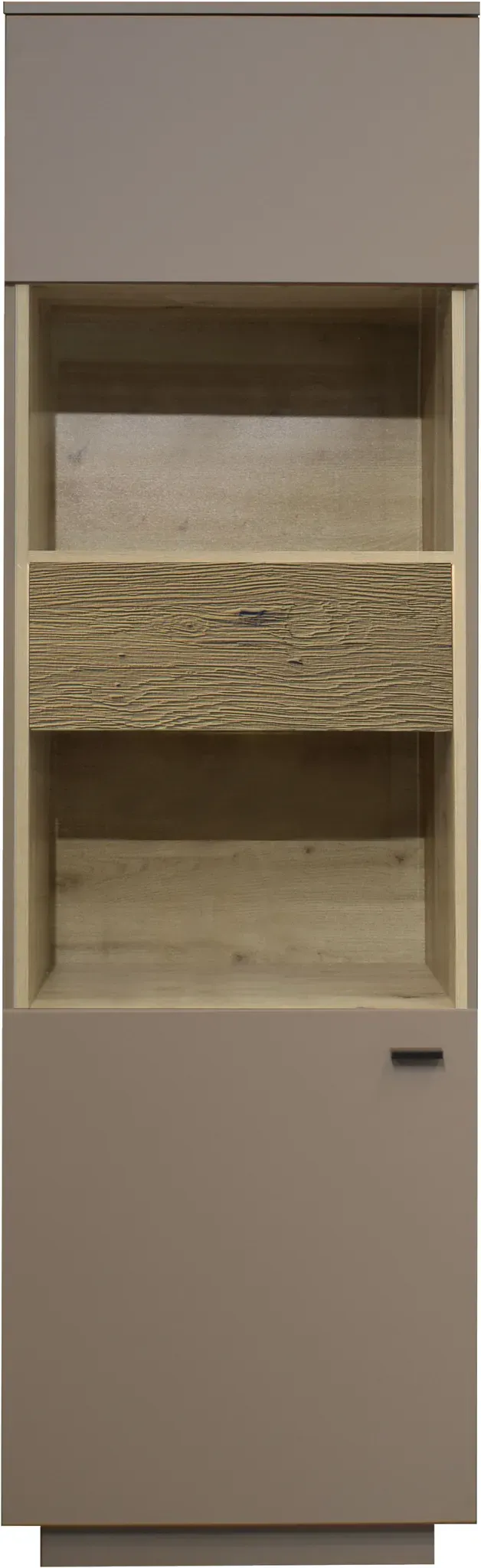 Standvitrine MÄUSBACHER, taupe matt lack nb, eiche massiv geschruppt, B:60cm H:196cm T:45cm, Holzwerkstoff, Schränke, Standvitrine, Standvitrine, BHT 60/196/45 cm, inkl. Griffbeleuchtung, Türdämpfung