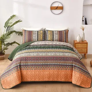 WONGS BEDDING Tagesdecke 220x240 Bettüberwurf Boho Decke Steppdecke 3 Teilig Doppelbett Gesteppt Bettdecke Mikrofaser Wohndecke mit 2 Kissenbezug 50x75 für Schlafzimmer als Sofaüberwurf, Green Orange