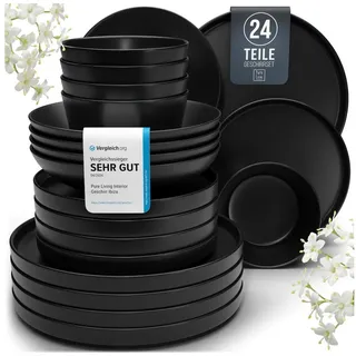 PURE LIVING INTERIOR DESIGN Steingut Geschirrset 6 Personen Manhattan 24 tlg. TESTSIEGER, Cooles Urbanes Steingut Geschirr Set, Schüssel- und Teller Set, Tafelservice 6 Personen, Geschirrsets Pure Living in matt Schwarz