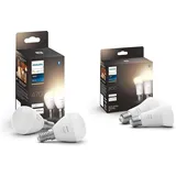 Philips Hue White E14 Luster Doppelpack 2x470lm & White E27 Lampe Doppelpack 2x805lm, dimmbar, warmweißes Licht, steuerbar via App, kompatibel mit Amazon Alexa (Echo, Echo Dot)