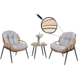 Mendler Poly-Rattan Garnitur HWC-N33, Balkon-Set Gartengarnitur Sitzgruppe Stuhl Beistelltisch - naturfarben, Polster hellgrau