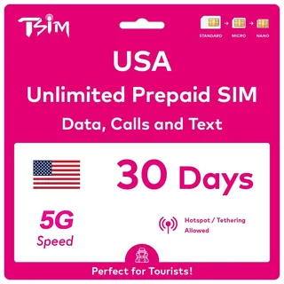 PrePaid T-Mobile USA SIM-Karte unbegrenzt | Hochgeschwindigkeits-5G-Daten | Hotspot/Tethering/Internet-Sharing erlaubt (unbegrenzt x 1 Monat)