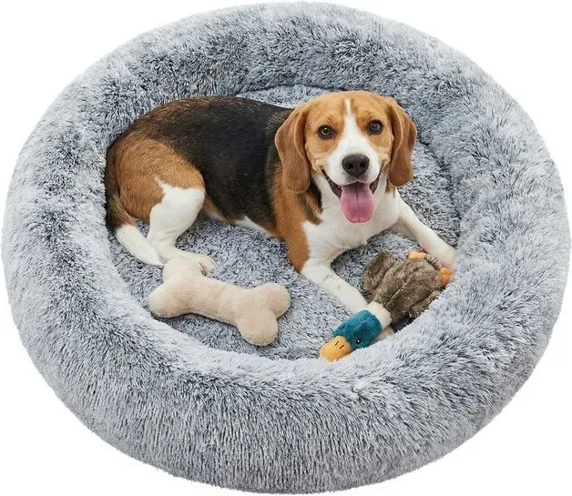 SONGMICS HOME Hundebett/Sofa im Donut-Design, herausnehmbare und waschbare Mitte, weiches Plüschmaterial, 90 cm Durchmesser, Farbverlauf in Grau