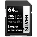 Lexar Silver SD Karte 64GB, UHS-I SDXC Card 205 MB/s Read Speed, 90 MB/s Write Speed, V30, U3, C10, 4K UHD Video, SD Card Memory Card with Lexar Lifetime Data Recovery