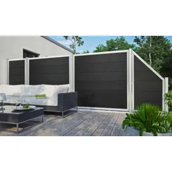 WPC Zaunelemente Samso 180 x 180 cm – WPC Zaun, Anthrazit mit Alu Rahmen – Hochwertiges WPC Zaunfeld – Sichtschutz für Garten & Terrasse