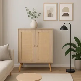 Mendler Highboard HWC-M38, Kommode Schrank Sideboard, Staufächer, Kubu Rattan Holz 106x80x41cm ~ Eiche-Optik