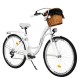 MILORD Damenfahrrad Citybike Komfort Mit Weidenkorb Hollandrad Vintage Fahrrad, 26, 28 Zoll, 7-Gang (Weiss, 28 Zoll)