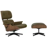 Vitra - Lounge Chair & Ottoman, schwarz / poliert, Nussbaum natur, Leder Premium F, khaki (neue Maße)