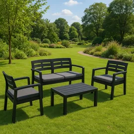 Dmora Outdoor-Lounge-Set Dgyas, Gartengarnitur mit 2 Sesseln, 1 Sofa und 1 Couchtisch, Innen- und Außensitzgruppe mit Kissen, 100 % Made in Italy, Anthrazit - Schwarz