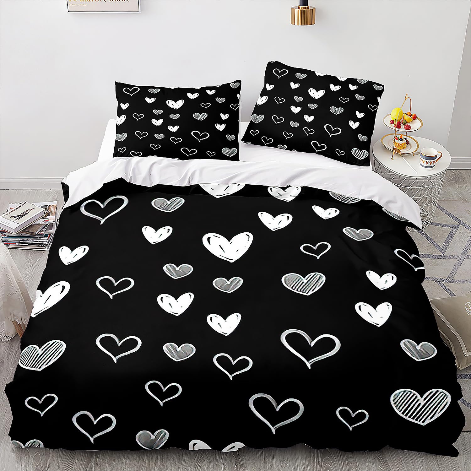 Menkala Partner Bettwäsche 135x200 2teilig Herz Weiß Schwarz Schlafzimmer Pärchen mit Reißverschluss Microfaser Love Partnerbettwäsche Set und Kissenbezug 80x80 cm