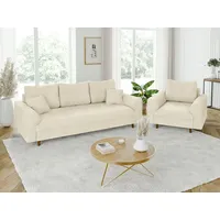 S-Style Möbel Polstergarnitur 3+1 Kristian mit Holzfüßen im skandinavischen Stil aus Chenille-Stoff, (1x 3-Sitzer-Sofa, 1x Sessel), mit Wellenfederung beige