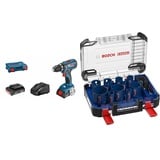 Bosch Professional Akku-Bohrschrauber GSR 18V-28 (inkl. 2x2,0 Ah Akku, Ladegerät GAL 18 V-20, L-Case) + 14 tlg. Expert Tough Material Lochsäge Set (für Holz mit Metall, Ø 20-76 mm, Zubehör)