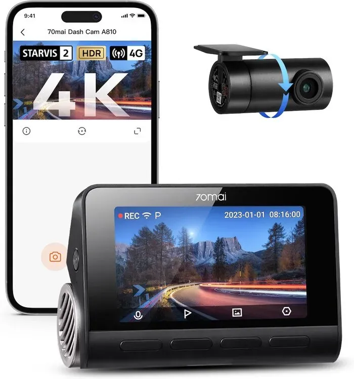 70mai 4K Dashcam Vorne und Hinten A810-2, Echte 4K UHD Dash-Cam mit Sony STARVIS 2, HDR Nachtsicht, AI-Bewegungserkennung, Integriertes GPS, 4G LTE Unterstützt, ADAS, 24H Parkmodus, Sprachsteuerung, 150° Weitwinkel (SD-Karte nicht im Lieferumfang enthalten)