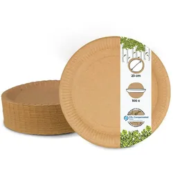 BIOZOYG 100 Stück Einwegteller 23cm Pappteller rund, braun, Partygeschirr, Einweggeschirr, Wegwerfteller, kompostierbar, biologisch abbaubar