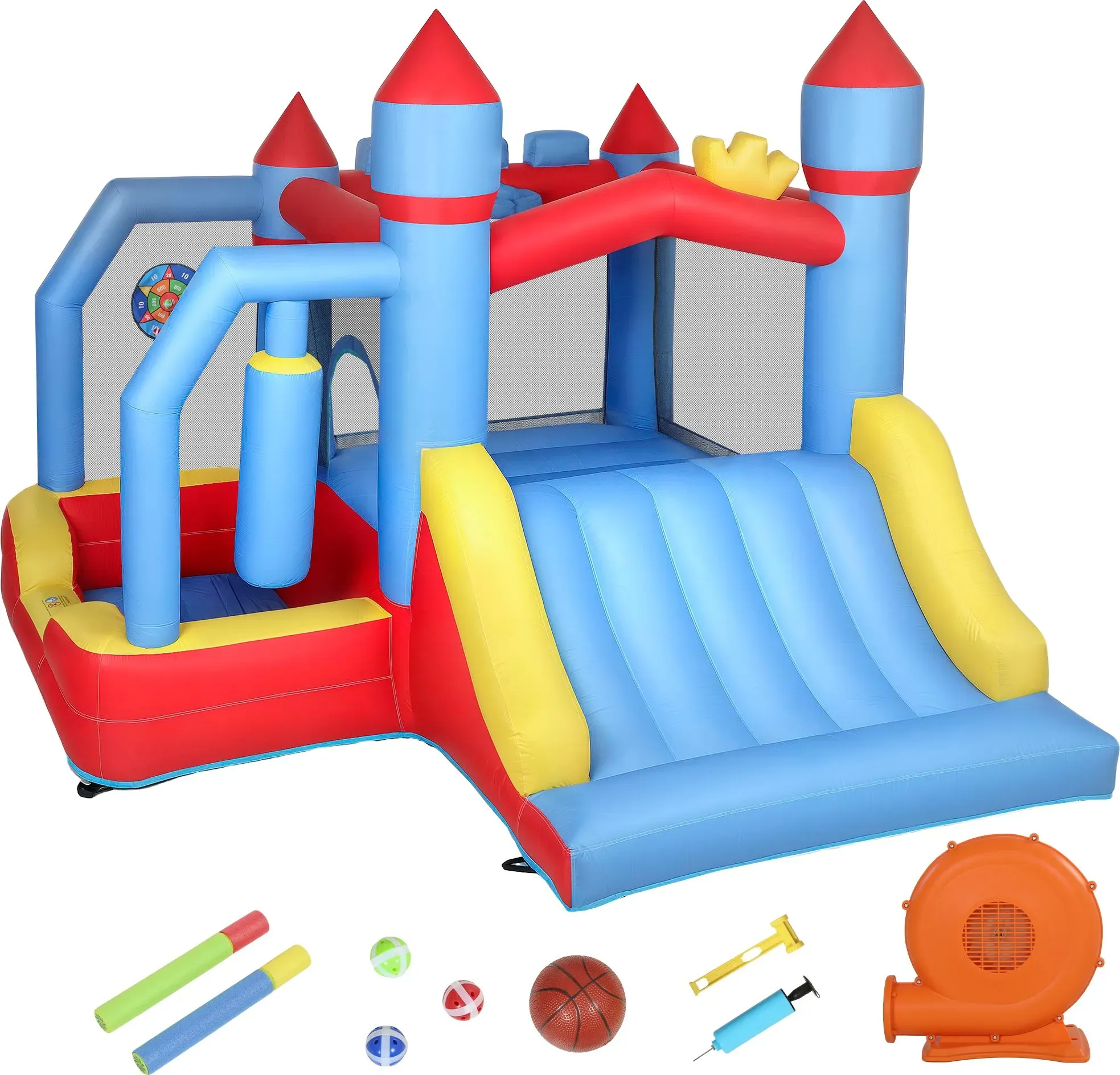 AIYAPLAY Aufblasbares Schloss 5-in-1 mit Gebläse, Wasserspaß & Spielpark für Kinder 3-8 Jahre – Rutschen, Trampolin, Bällebad, Basketballkorb, Prallpfosten, Innen/Außen   Aosom