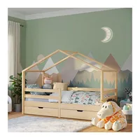 bellabino Abia Kinderbett 90x200 cm – Hausbett mit Rausfallschutz, Lattenrost & 2 Schubladen – Montessori Kinder Bett aus Massivholz Kiefer für Jungen und Mädchen in Natur
