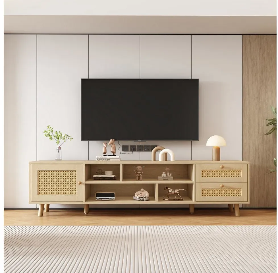 Merax Lowboard mit Tür und Schubladen Rattangeflecht, TV-Schrank mit offenen Fächern, Fernsehtisch Landhaus, B:160cm beige