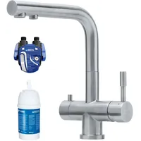 Franke Wellfresh 110 inkl. Britafilter P1000 3-Wege-Wasserhahn L-Auslauf, Edelstahl Massiv. Küchenarmatur, Spültischarmatur, Mischbatterie, Dreiwege Wasserhahn, Für Osmoseanlagen Trinkwasseranlagen