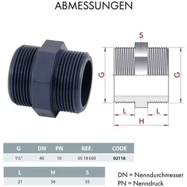Powerhaus24 5er PVC Doppelnippel 1 1/2 Zoll AG