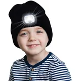 Beanie Mütze mit LED Licht Kinder, 4 Modi 4 LED Beleuchtete Mütze Jungen Kindermütze Haube mit Licht USB Wiederaufladbare Wintermützen Strickmütze Weihnachten Festival Geschenke für Jungen und Mädchen - Einheitsgröße