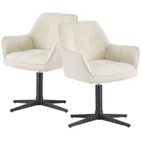 dubi möbel DUBI MÖBEL® Esszimmerstühle THOMAS‐KIRA 2er Set – drehbar mit Federkernpolsterung & Auto‐Rückstellung, Armlehnen, Metallgestell schwarz, Stoff Cremeweiß, modern‐industrial Design für Küche & Esszimmer