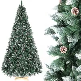 150cm Künstlicher Weihnachtsbaum mit Schnee-Effekt, Nordmanntanne Premium, Tannenbaum Künstlich mit Handgefertigtem Holzständer, Schnee & 28 Tannenzapfen & 676 Spitzen, Einfach zu Montieren