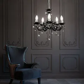 GLOBO Kronleuchter 5 Flammig schwarz Hängeleuchte Esstischlampe Esszimmer Hängelampe Kristalle, Kristallbehang, Chrom, 5x E14, DxH 44x128 cm
