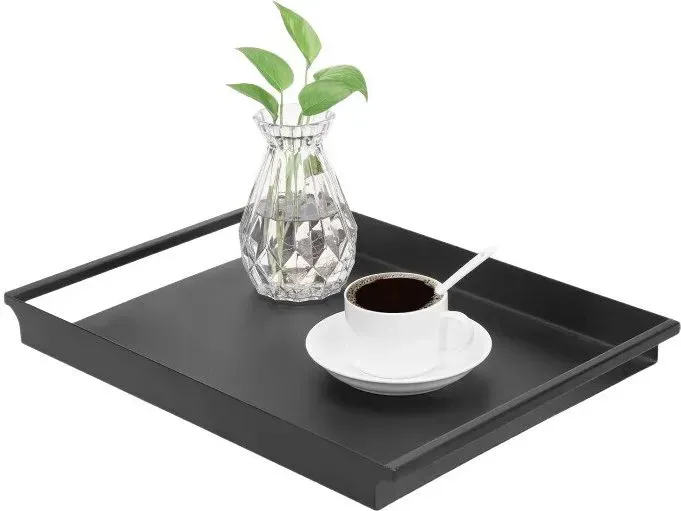 MyGift Dekoratives Serviertablett - Vintage Stil Matt Schwarz Metall Ottoman Couchtisch/Schminktisch Tablett mit Eleganten Abgerundeten Ausschnittgriffen