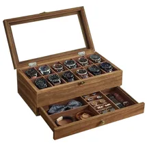 Songmics Uhrenbox mit 12 Fächern aus Holz 34 cm x 12,5 cm x 19 cm Walnussfarben