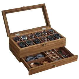 Songmics Uhrenbox mit 12 Fächern aus Holz 34 cm x 12,5 cm x 19 cm Walnussfarben
