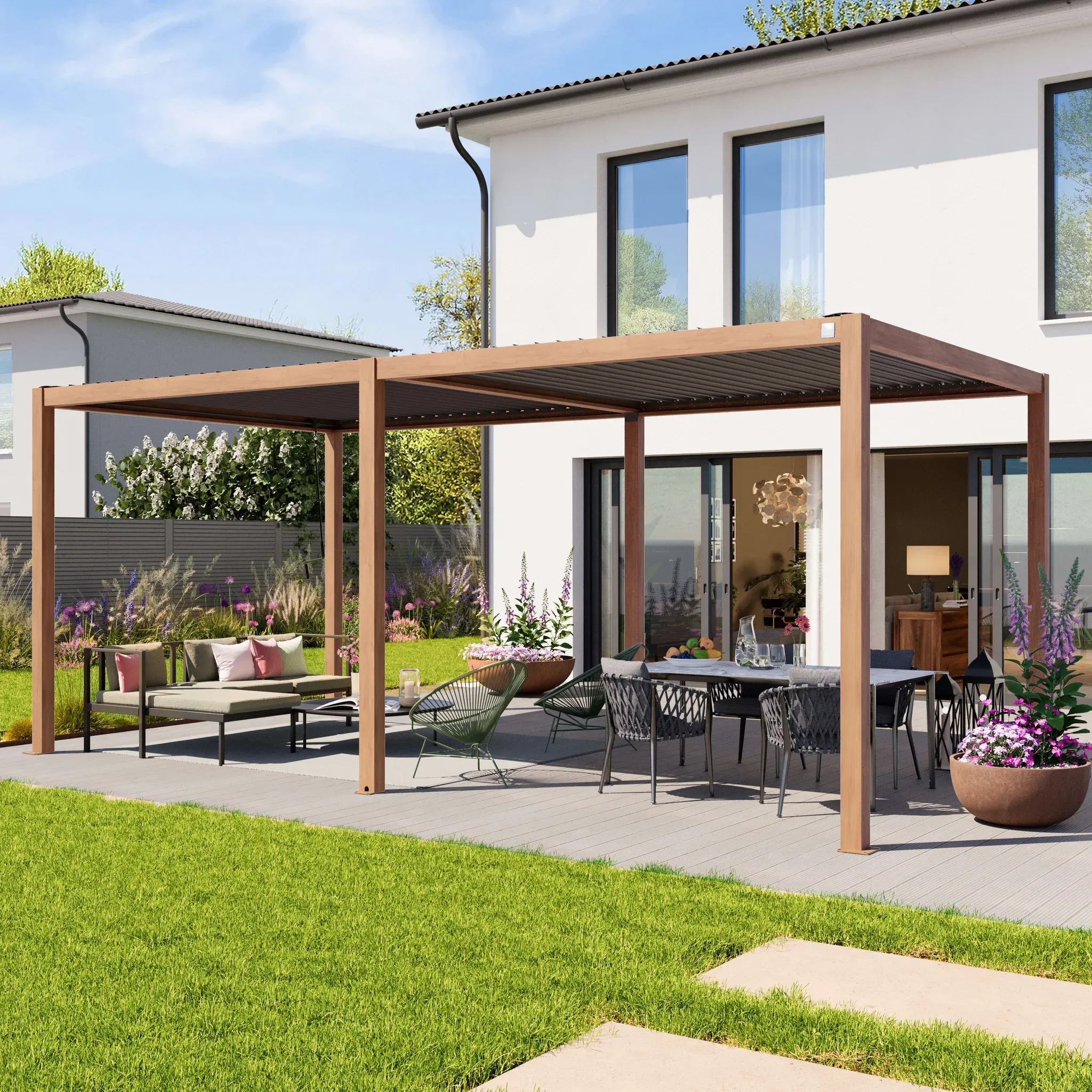 PRIMEYARD  Pergola 3x6m, tetto lamellare, look legno - (400112)