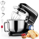 Fentic Küchenmaschine - 2000W - Edelstahl Rührschüssel (6,2 L) - Knetmaschine mit Rührhaken, Knethaken, Schlagbesen und Spritzschutz - Inkl. zusätzlichem Zubehör - Schwarz
