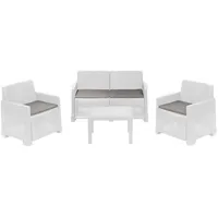 Dmora Outdoor-Lounge-Set Dbagnolin, Gartenkomposition mit 2 Sesseln, 1 Sofa und 1 Couchtisch, Rattan-Effekt mit Kissen, 100 % Made in Italy, Weiß