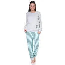 RELAX by Normann Damen Frottee Schlafanzug mit Bündchen - Hose gestreift, Oberteil mit Mond Applikation, Farbe:grau, Größe:48-50 - 48-50