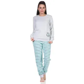 RELAX by Normann Damen Frottee Schlafanzug mit Bündchen - Hose gestreift, Oberteil mit Mond Applikation, Farbe:grau, Größe:48-50 - 48-50