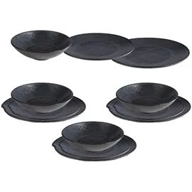 APS Campinggeschirr Set 12-tlg. für 4 Personen schwarz mit Dekor